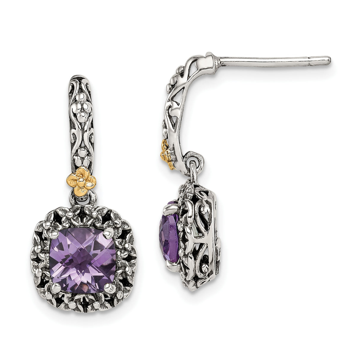 14k Yellow Gold and Sterling Silver Drop Earrings with Amethyst, Floral Vine Design