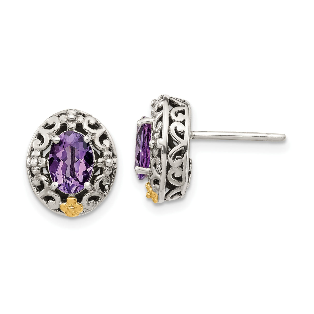 Sterling Silver Oval Stud Earrings with Amethyst, 14k Gold Accents, Vintage Filigree Design