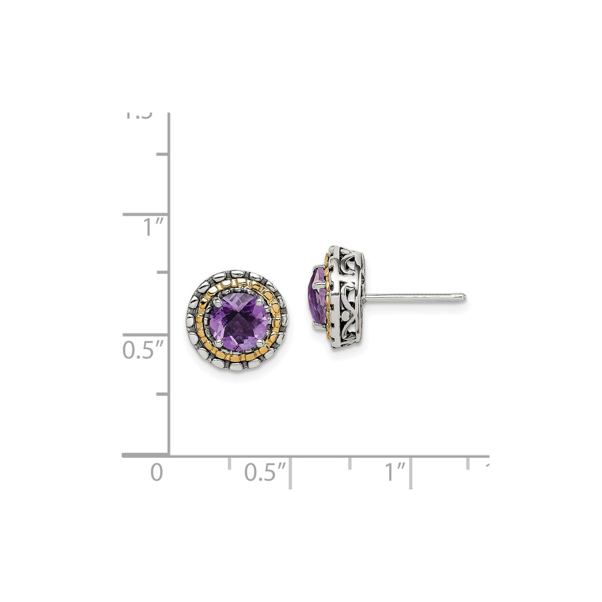 14k Two-Tone Yellow Gold Amethyst Stud Earrings Filigree and Rope Detail