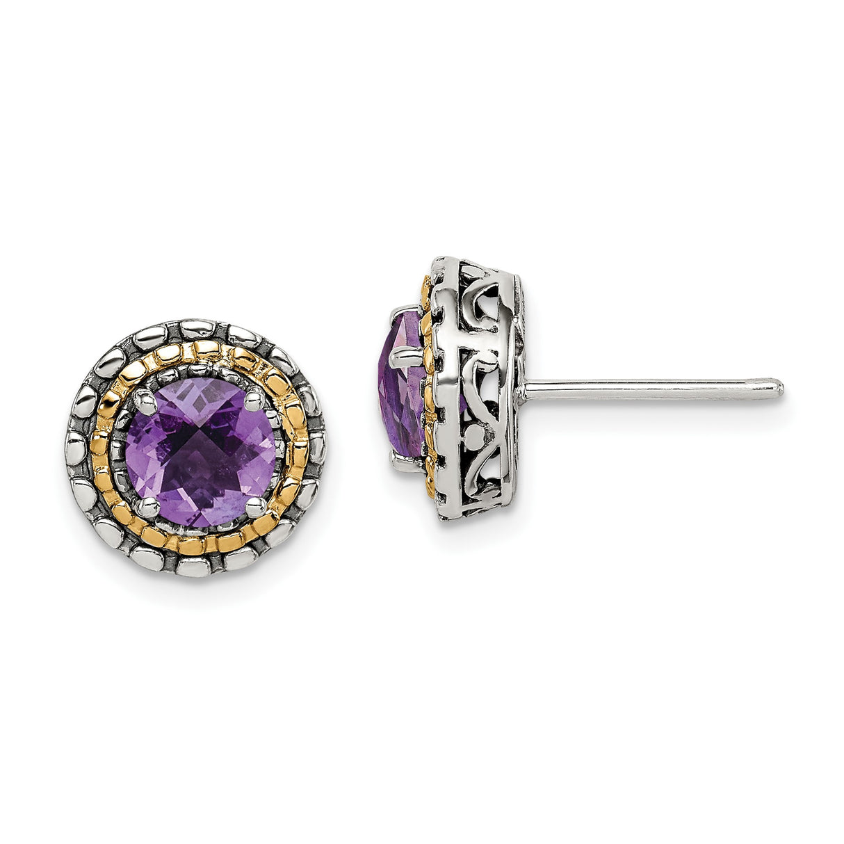 14k Yellow Gold Amethyst Stud Earrings with Sterling Silver Filigree and Rope Detail