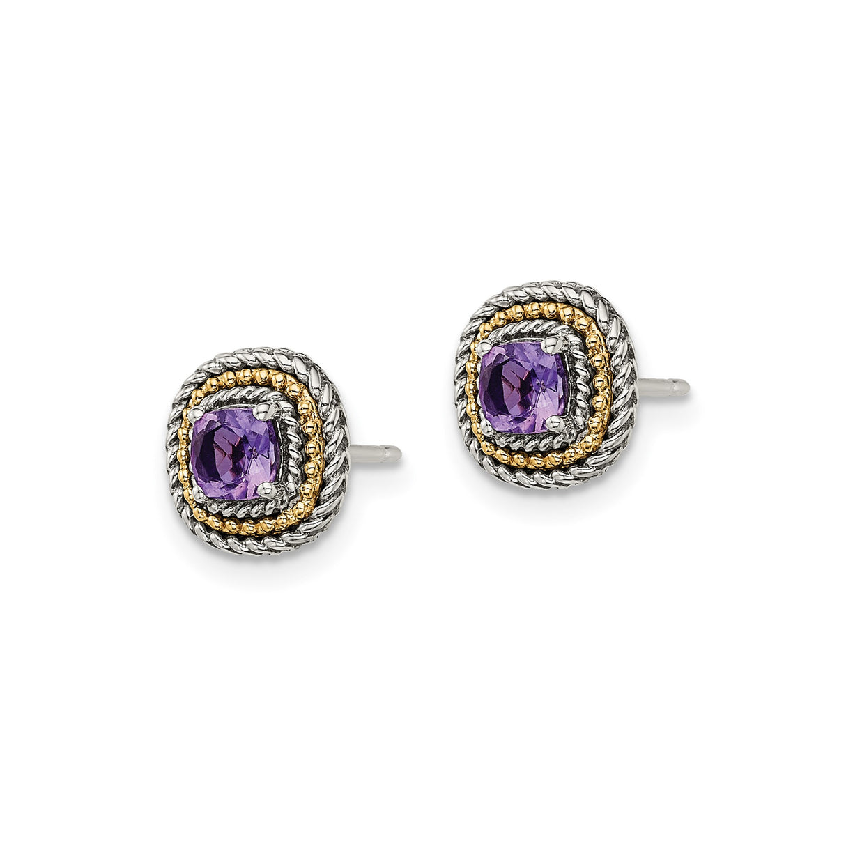 14k Two-Tone Yellow Gold Stud Earrings with Cushion Cut Amethyst, Twisted Rope Detail