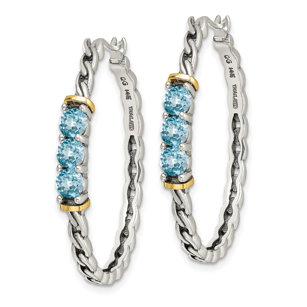 14k Two-Tone Yellow Gold Hoop Earrings with Blue Topaz and Accents, Braided Design