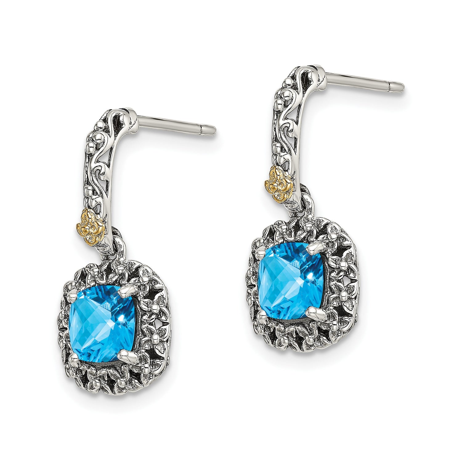 14k Two-Tone Yellow Gold Dangle Earrings with Blue Topaz, Floral Filigree Design