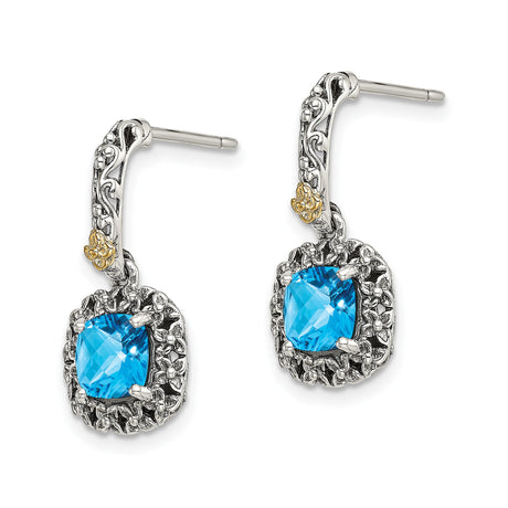 14k Two-Tone Yellow Gold Dangle Earrings with Blue Topaz, Floral Filigree Design