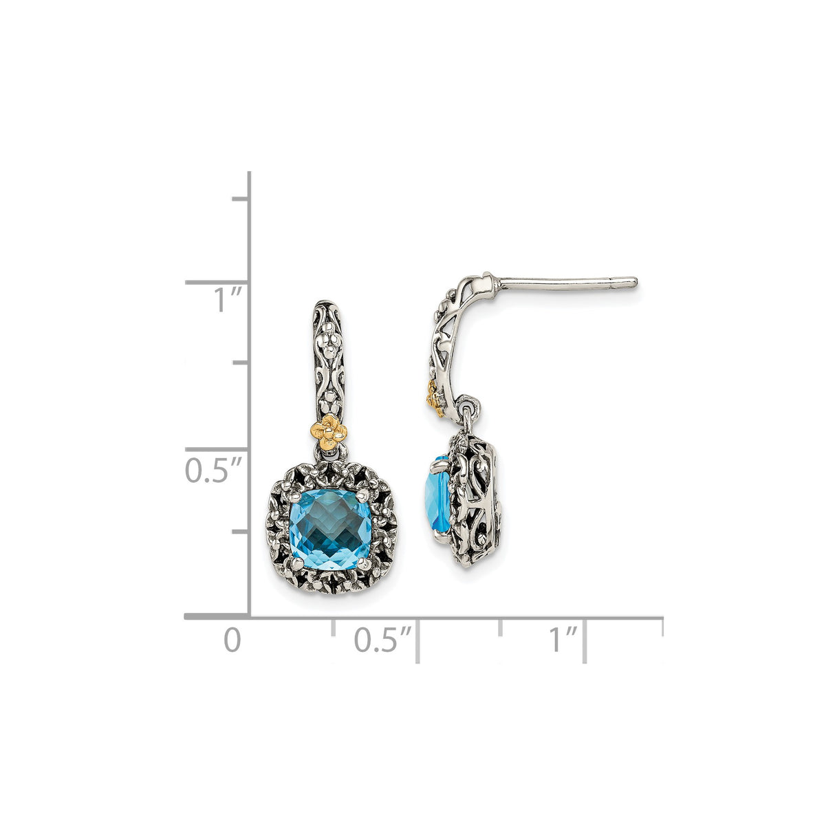 14k Two-Tone Yellow Gold Dangle Earrings with Blue Topaz, Floral Filigree Design