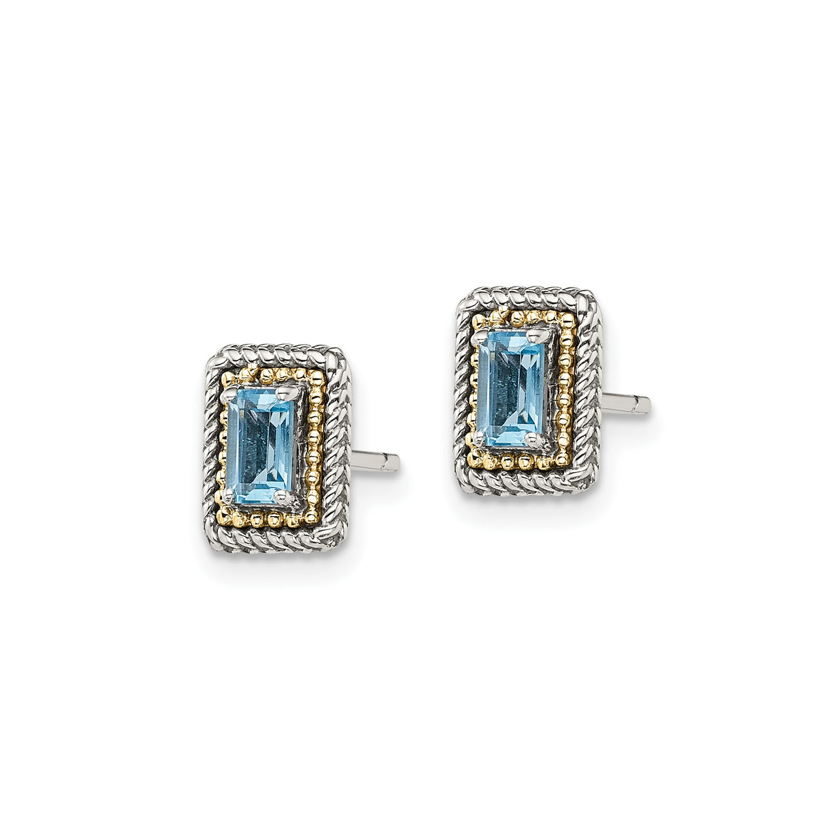 14k Two-Tone Gold Stud Earrings with Rectangular Blue Topaz and Twisted Rope Border