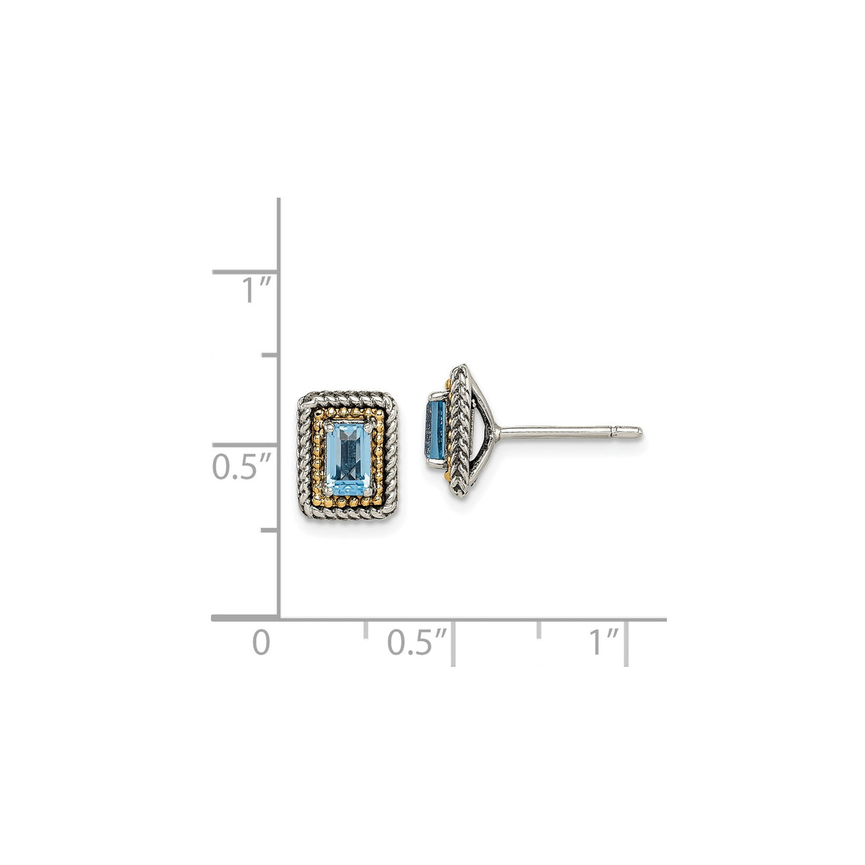 14k Two-Tone Gold Stud Earrings with Rectangular Blue Topaz and Twisted Rope Border