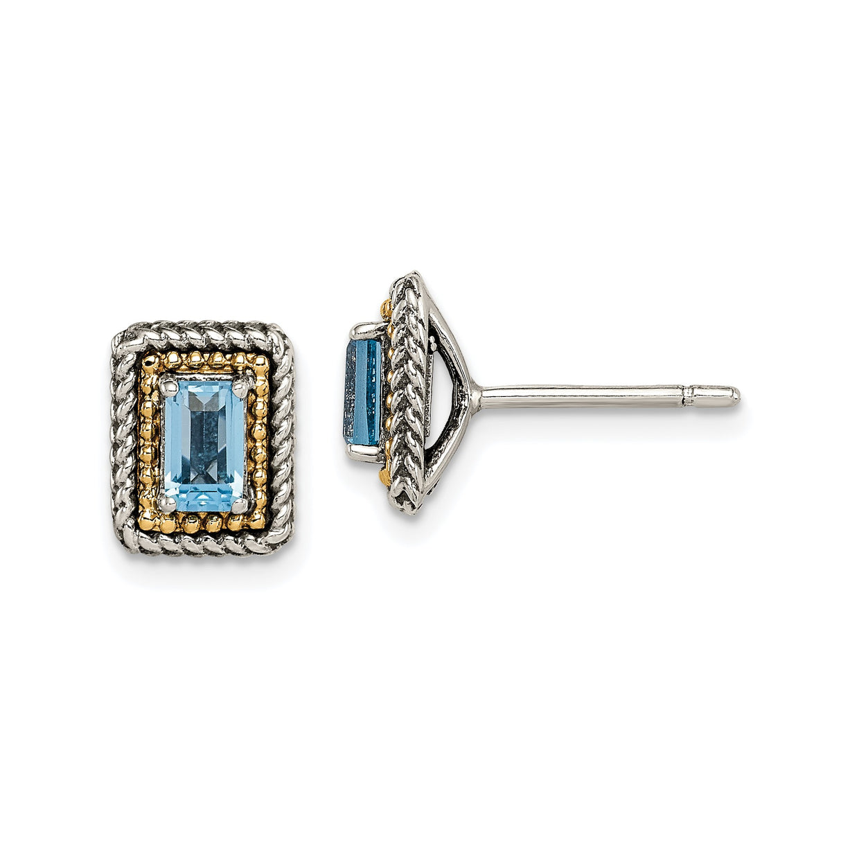 14k Two-Tone Gold Stud Earrings with Rectangular Blue Topaz and Twisted Rope Border