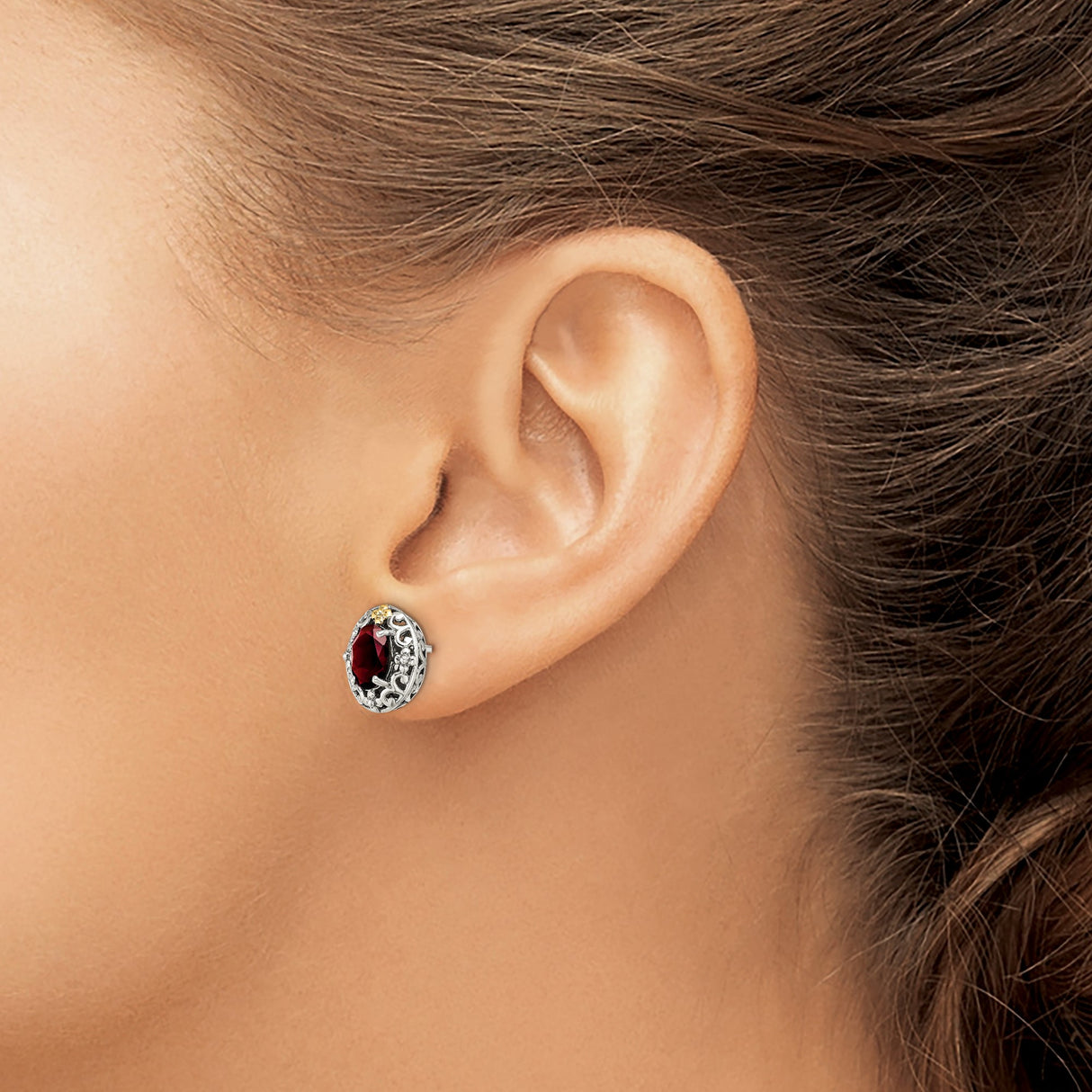 14k Two-Tone Yellow Gold Earrings with Garnet, Filigree Scrollwork, Victorian Style