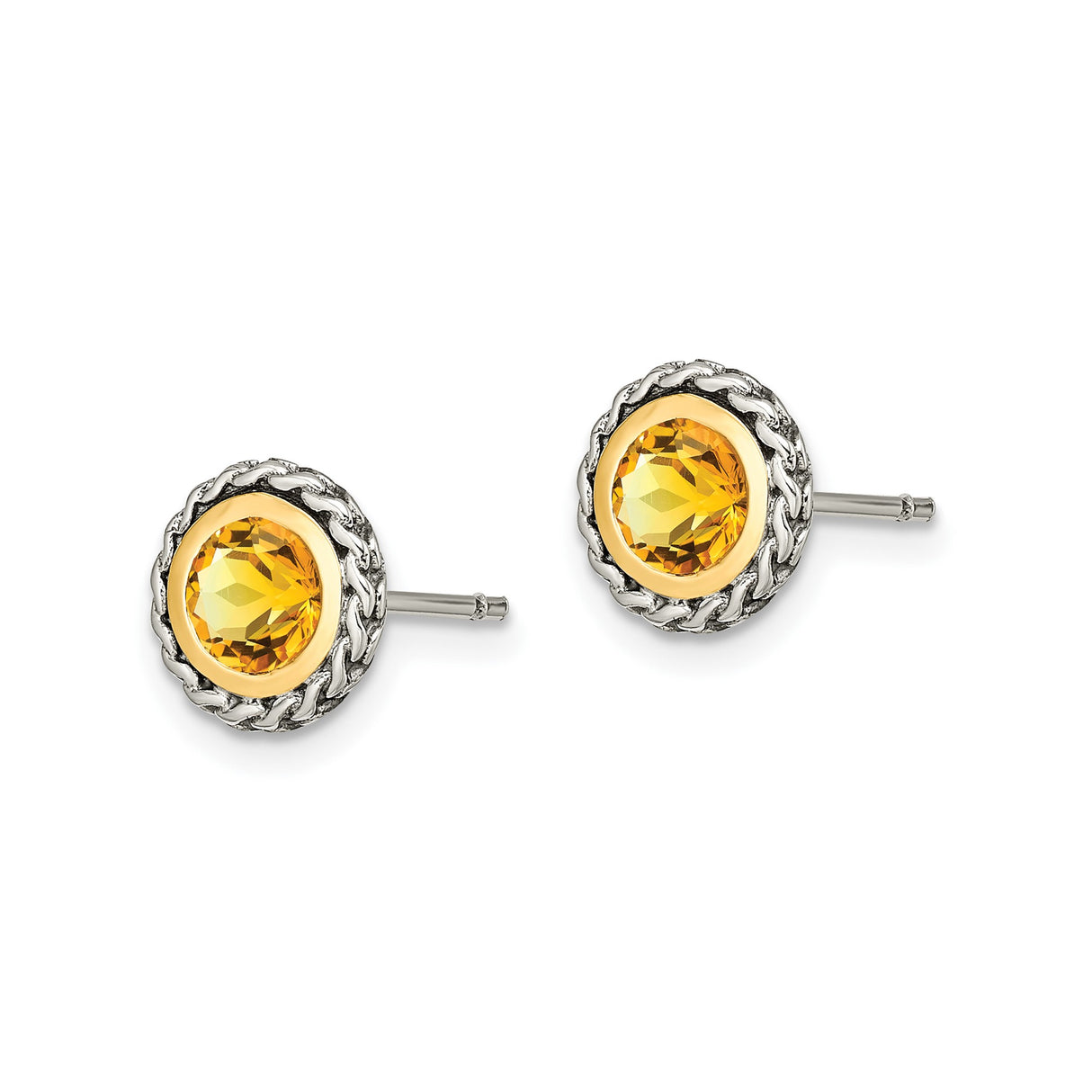 14k Yellow Gold Stud Earrings with Citrine, Two-Tone Braided Rope Vintage Style