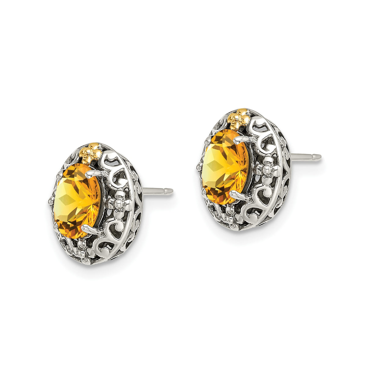 14k Yellow Gold Stud Earrings with Yellow Citrine, Vintage Filigree Scroll Design