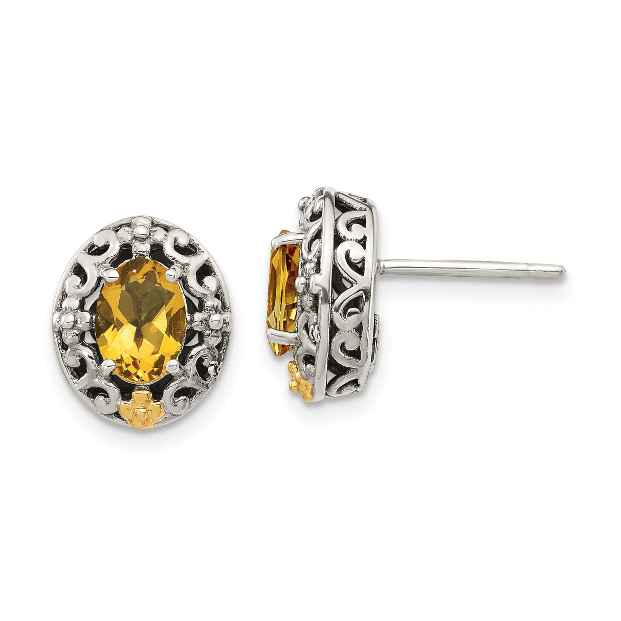 14k Yellow Gold Stud Earrings with Yellow Citrine, Vintage Filigree Scroll Design