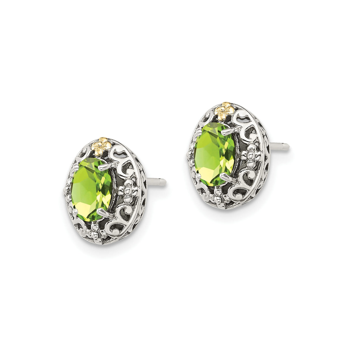 14k Two-Tone Yellow Gold Oval Stud Earrings with Peridot, Filigree Vintage Style