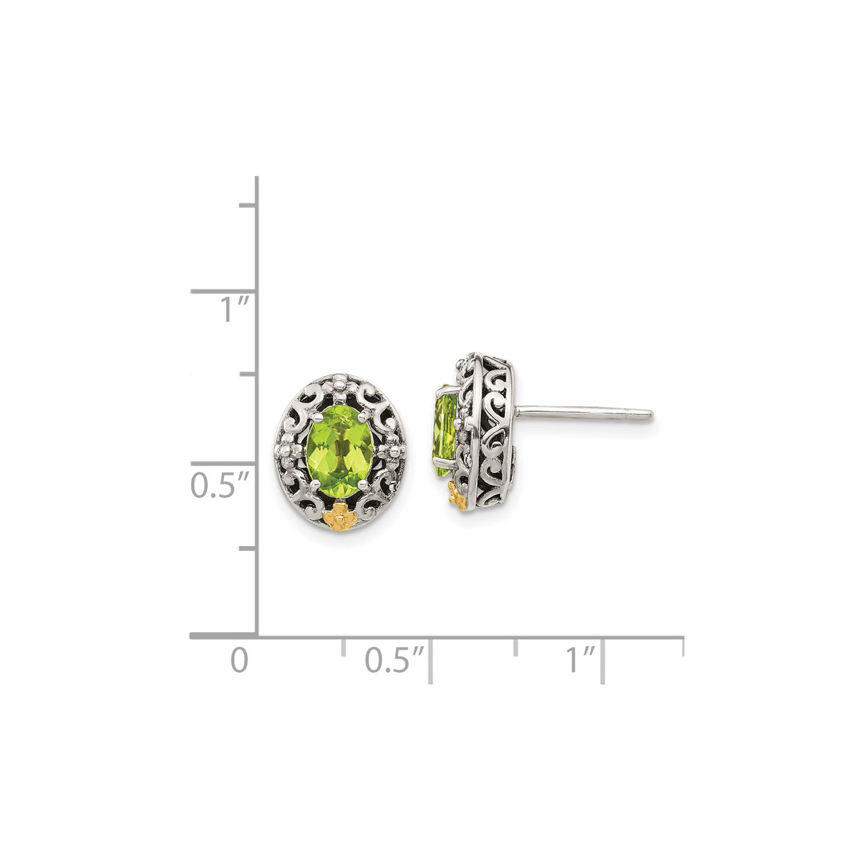 14k Two-Tone Yellow Gold Oval Stud Earrings with Peridot, Filigree Vintage Style