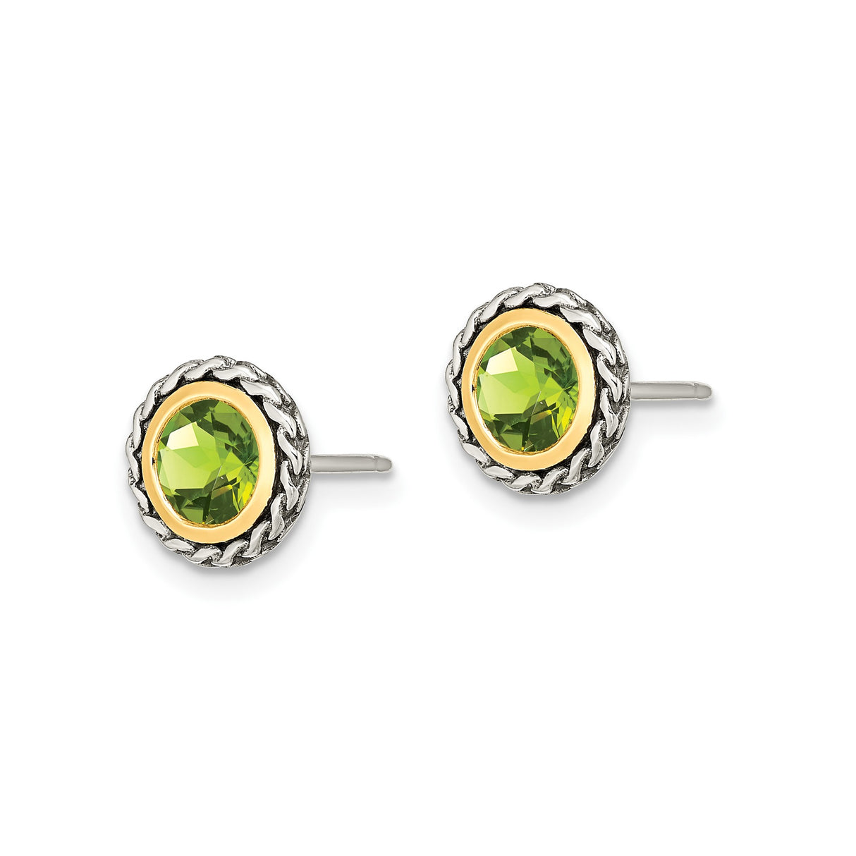 14k Two-Tone Yellow Gold Stud Earrings with Peridot, Braided Rope Border, Celtic Design