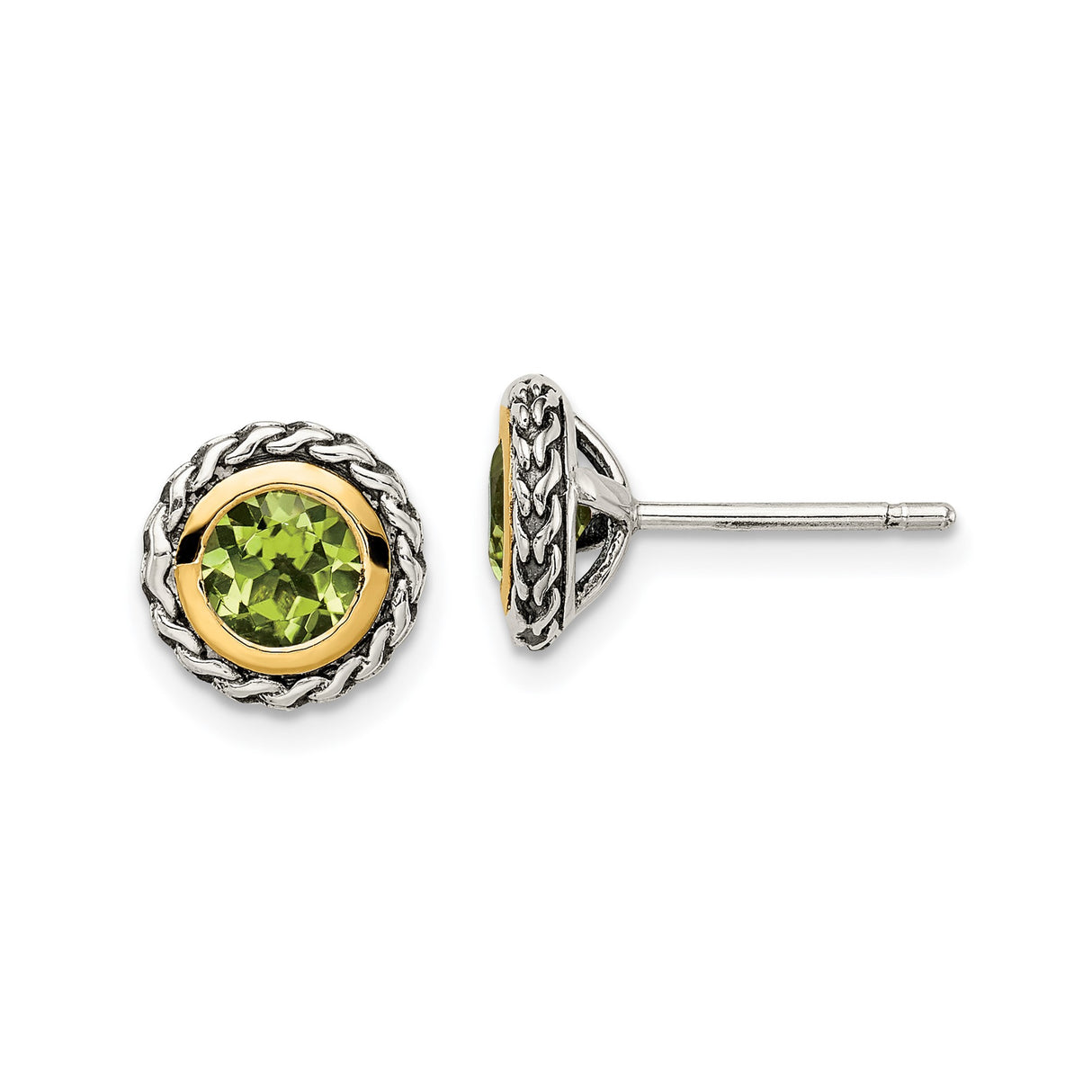 14k Yellow Gold and Sterling Silver Stud Earrings with Peridot, Braided Rope Border, Celtic Design