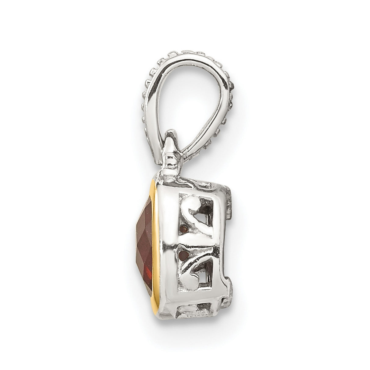 14k Two-Tone Gold Garnet Pendant with Cushion Cut Red Gemstone and Textured Silver Bail