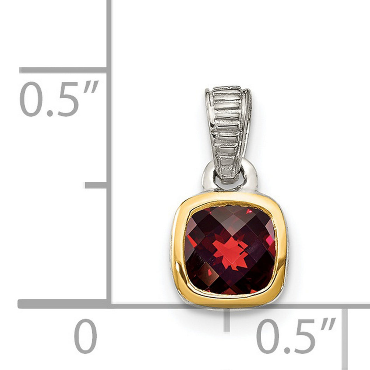14k Two-Tone Gold Garnet Pendant with Cushion Cut Red Gemstone and Textured Silver Bail