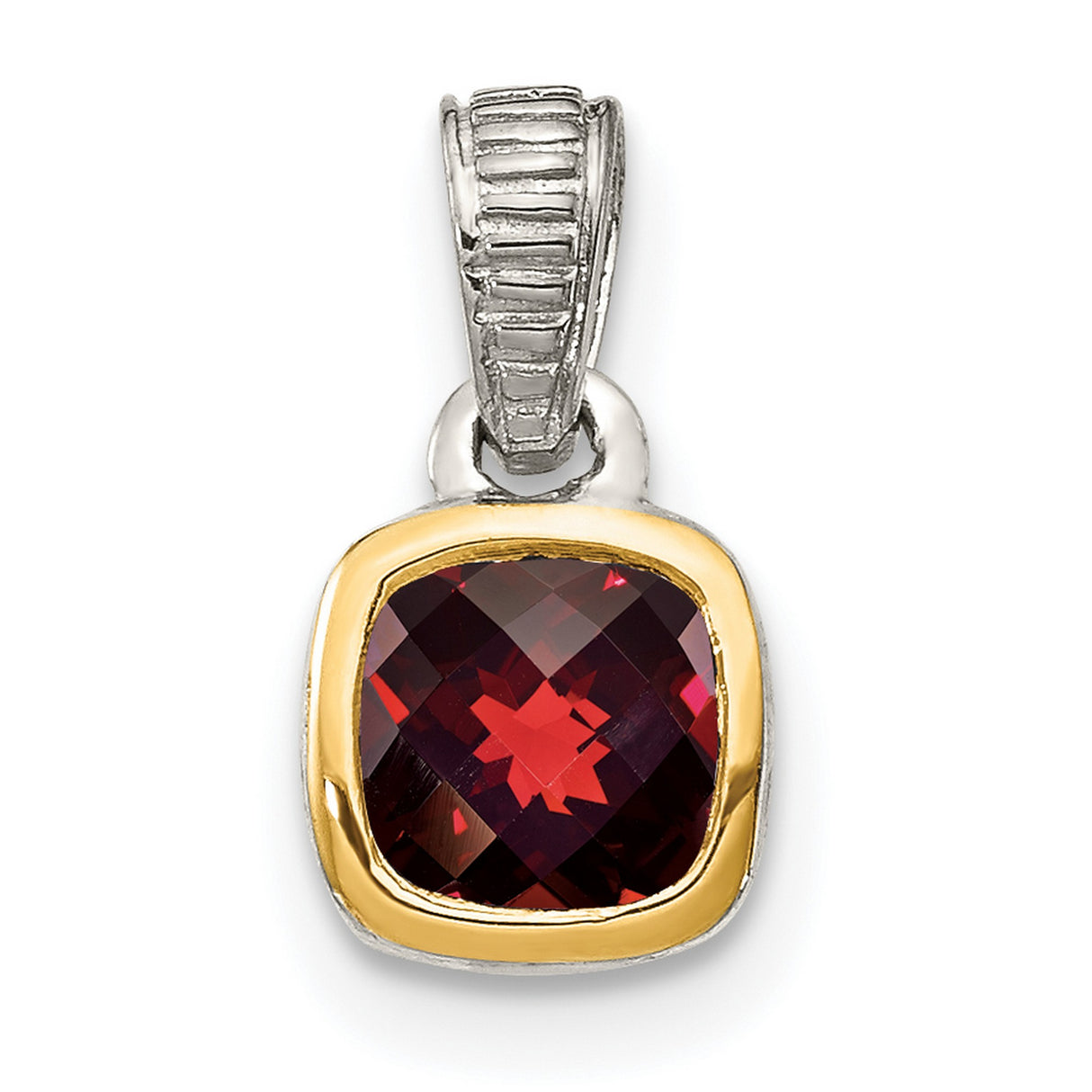 14k Two-Tone Gold Garnet Pendant with Cushion Cut Red Gemstone and Textured Silver Bail