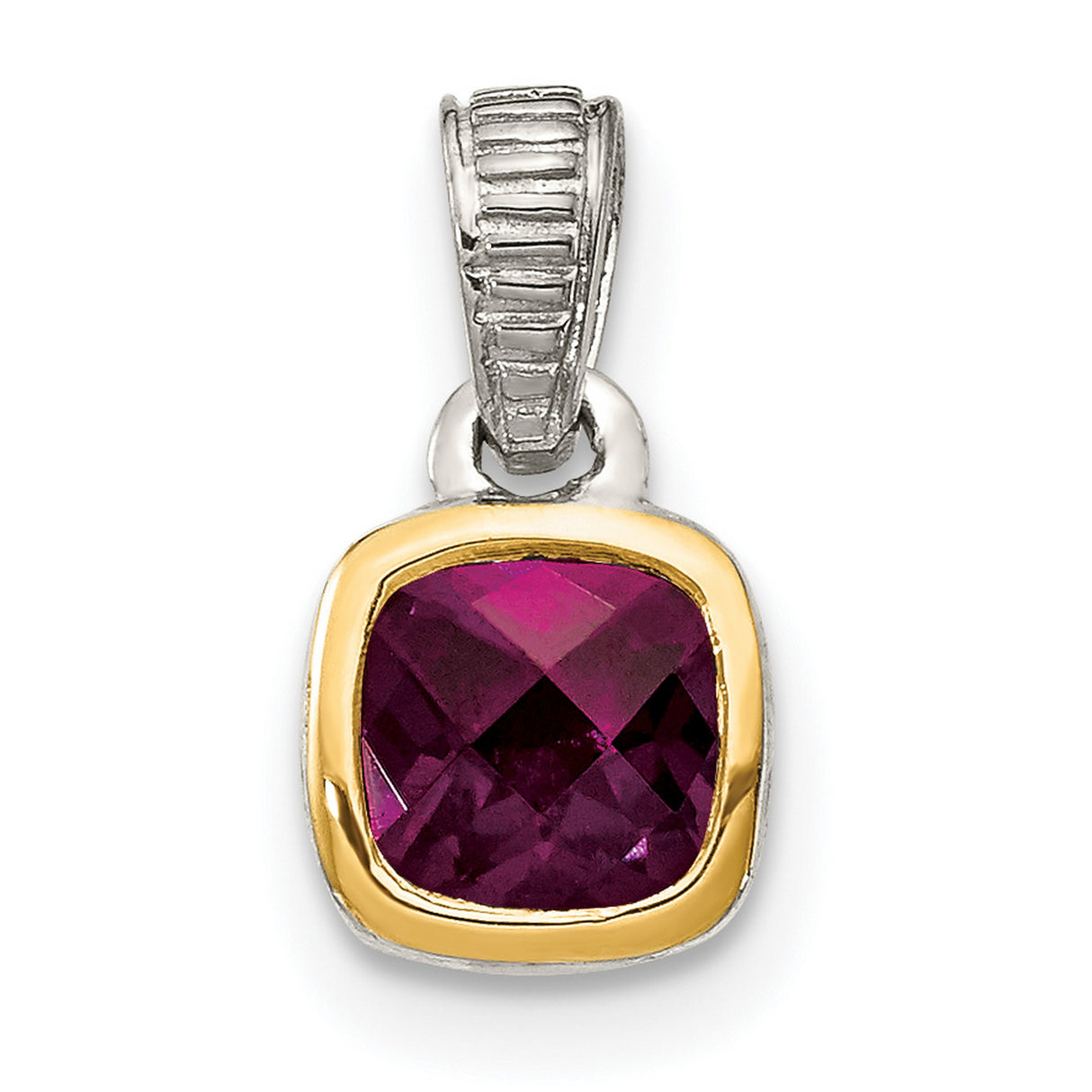 14k Multi-Tone Gold Pendant with Cushion-Cut Rhodolite Garnet, Modern Fine Jewelry