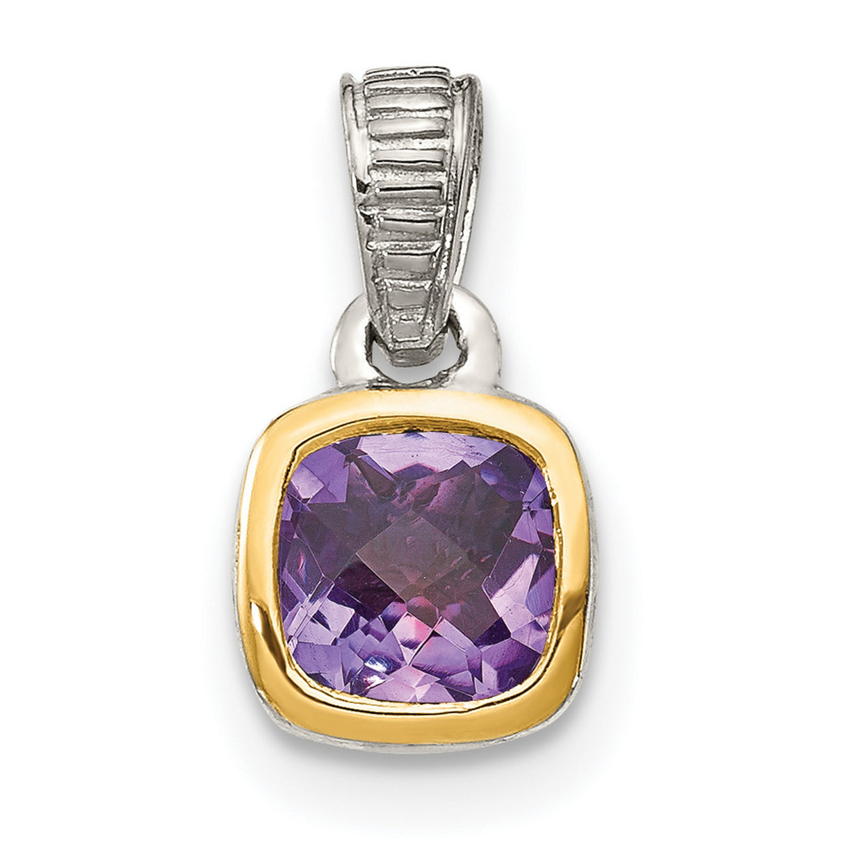 14k Two-Tone Gold Pendant with Cushion Cut Amethyst, Textured Silver Bail