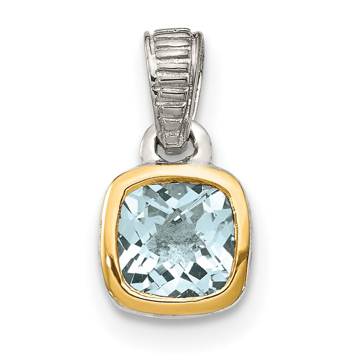 14k Two-Tone Gold Pendant with Aquamarine Cushion Cut Gemstone, Modern Drop Style for Women