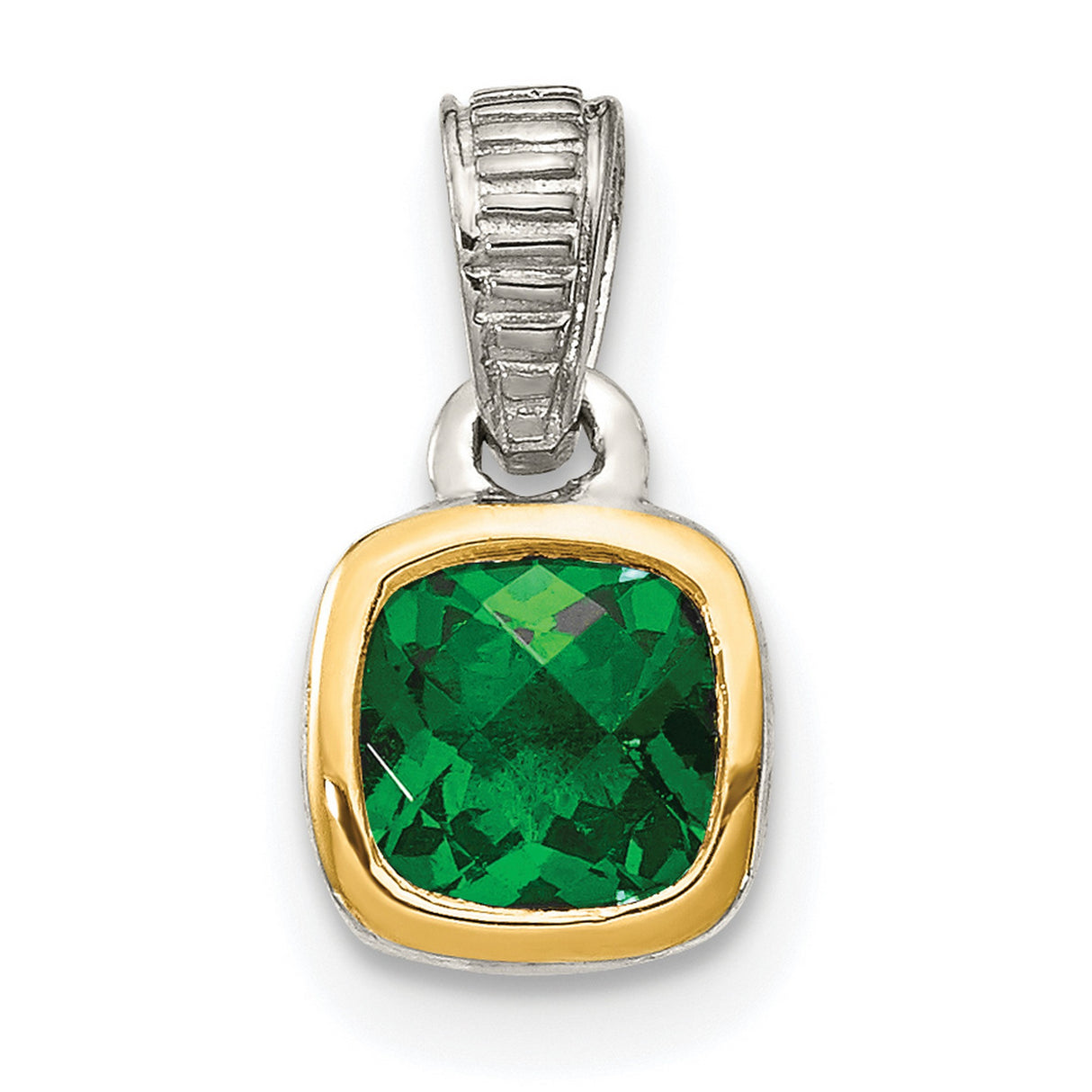 14k Two-Tone Gold Pendant with Lab Created Cushion-Cut Emerald in Bezel Setting