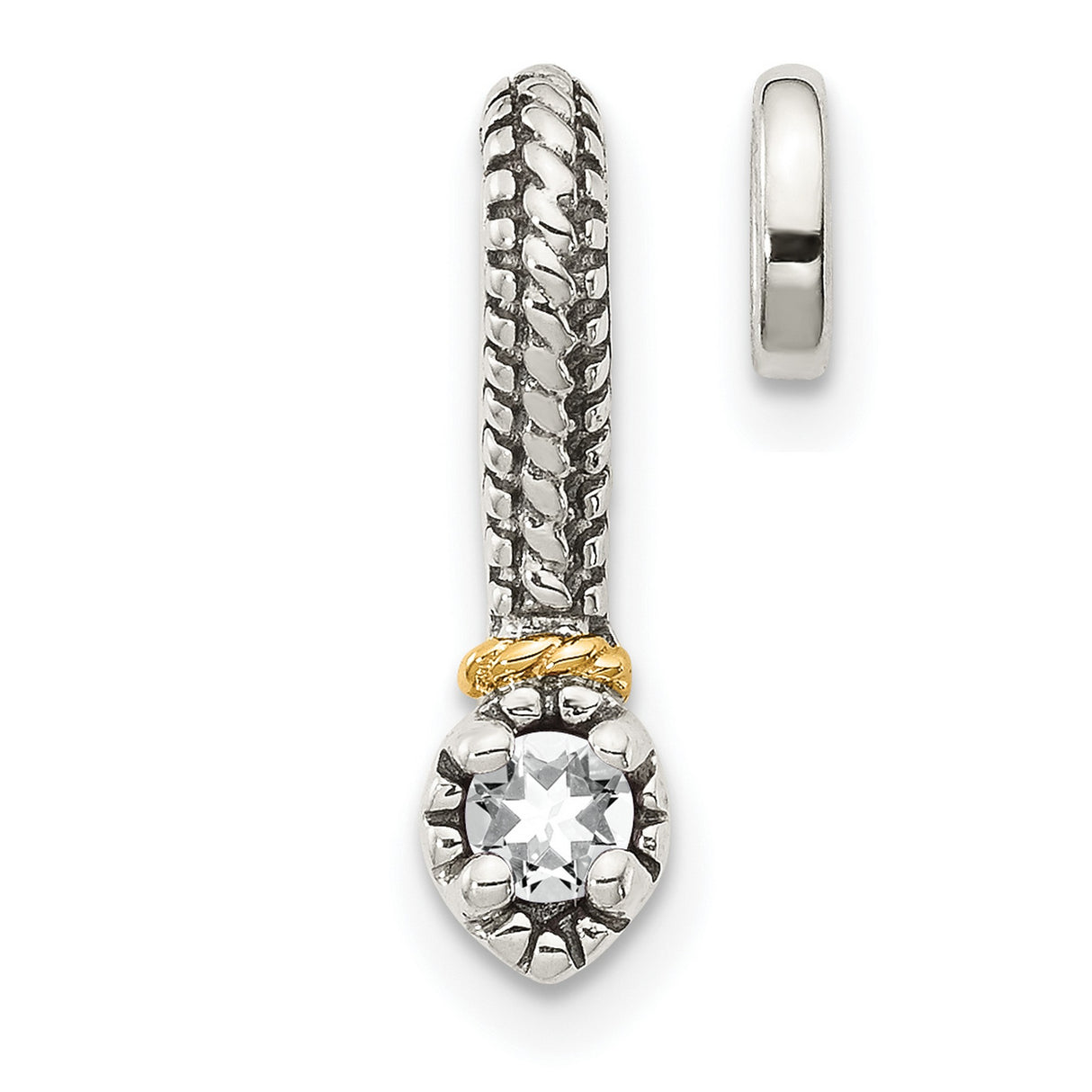 14k Two-Tone Gold and Sterling Silver Charm Pendant with White Topaz, Textured Drop Design
