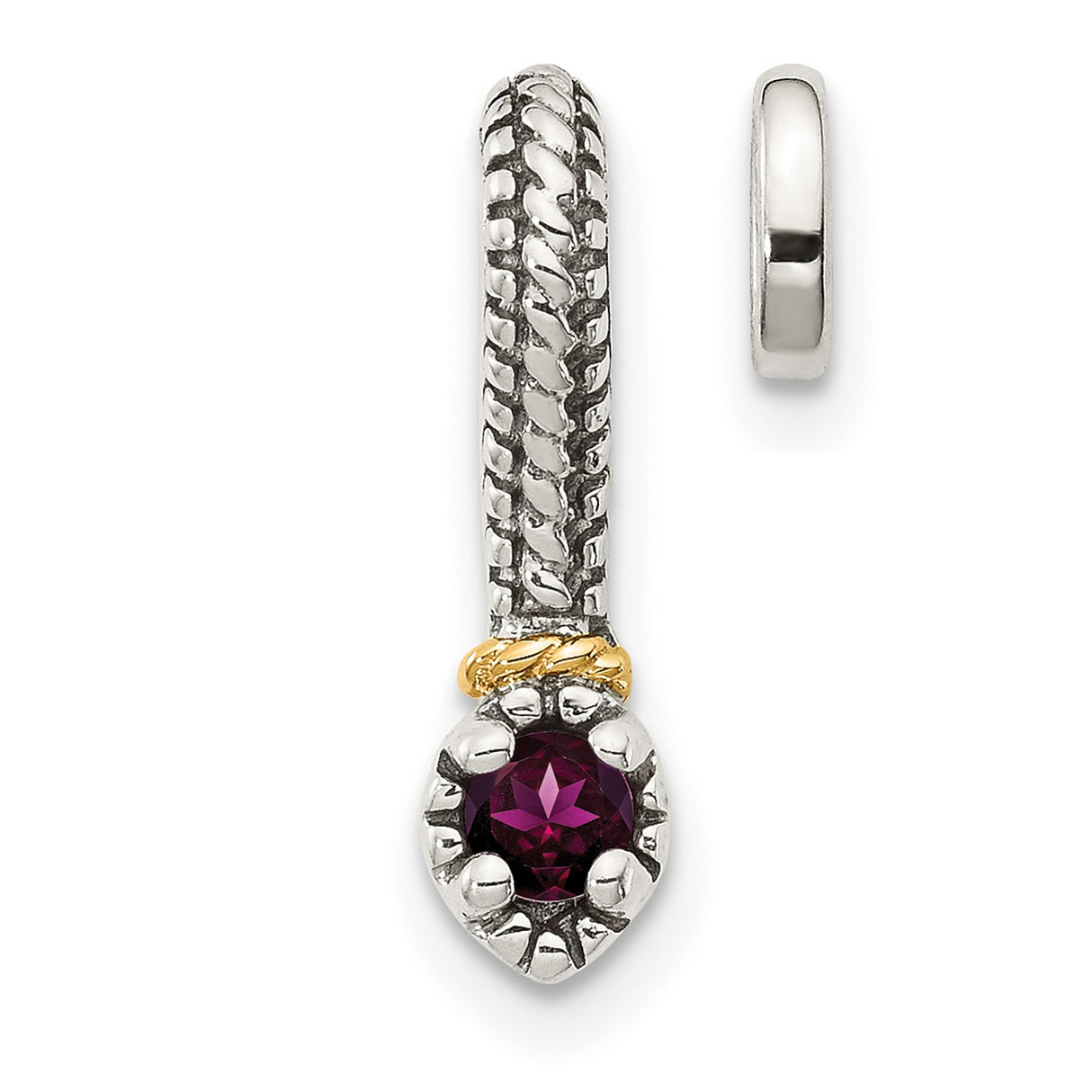 14k Two-Tone Gold and Sterling Silver Charm with Rhodolite Garnet, Textured Setting and Woven Detail