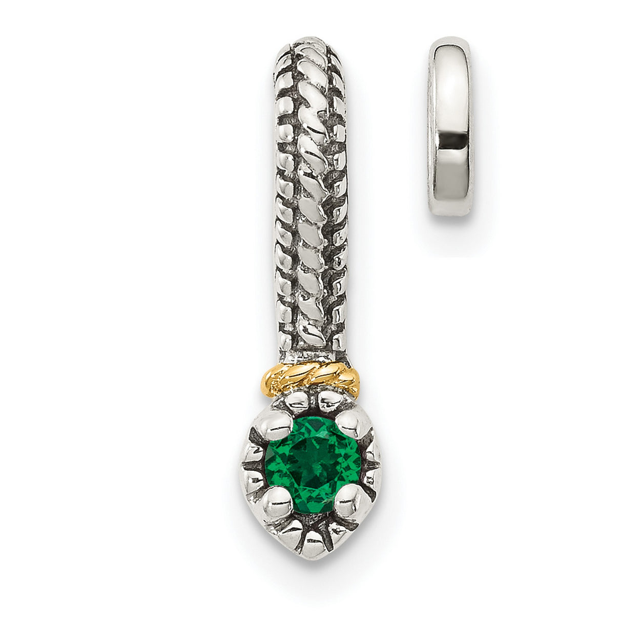 14k Multi-Tone Gold and Sterling Silver Charm Spacer Bead with Lab Created Emerald, Braided Rope Design