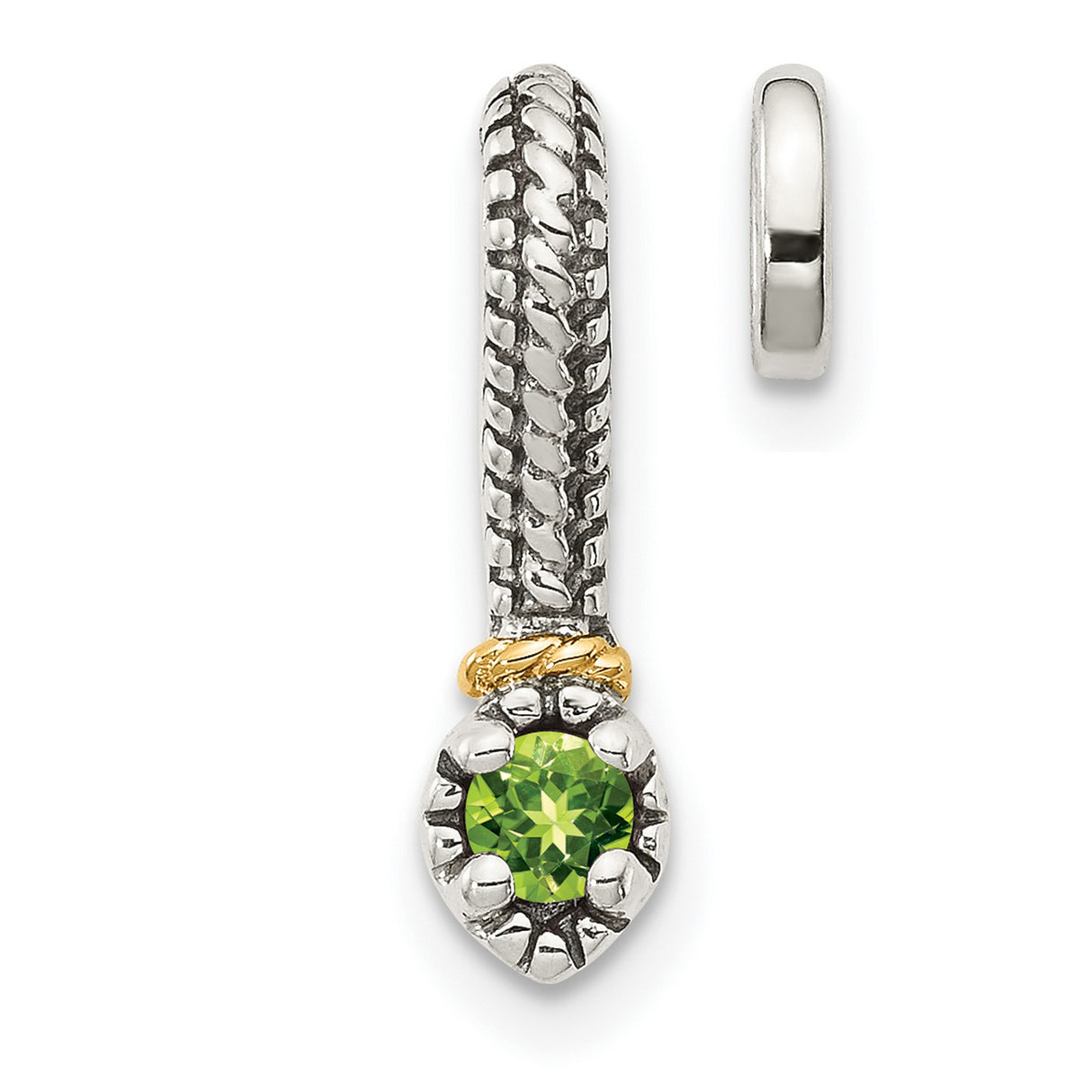 Sterling Silver and 14k Gold Charm with Peridot, Rope and Claw Detail, Dangle Style