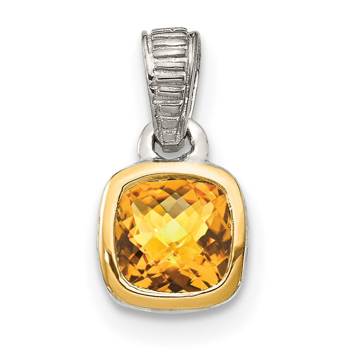 14k Two-Tone Gold and Sterling Silver Cushion Citrine Pendant with Textured Bail