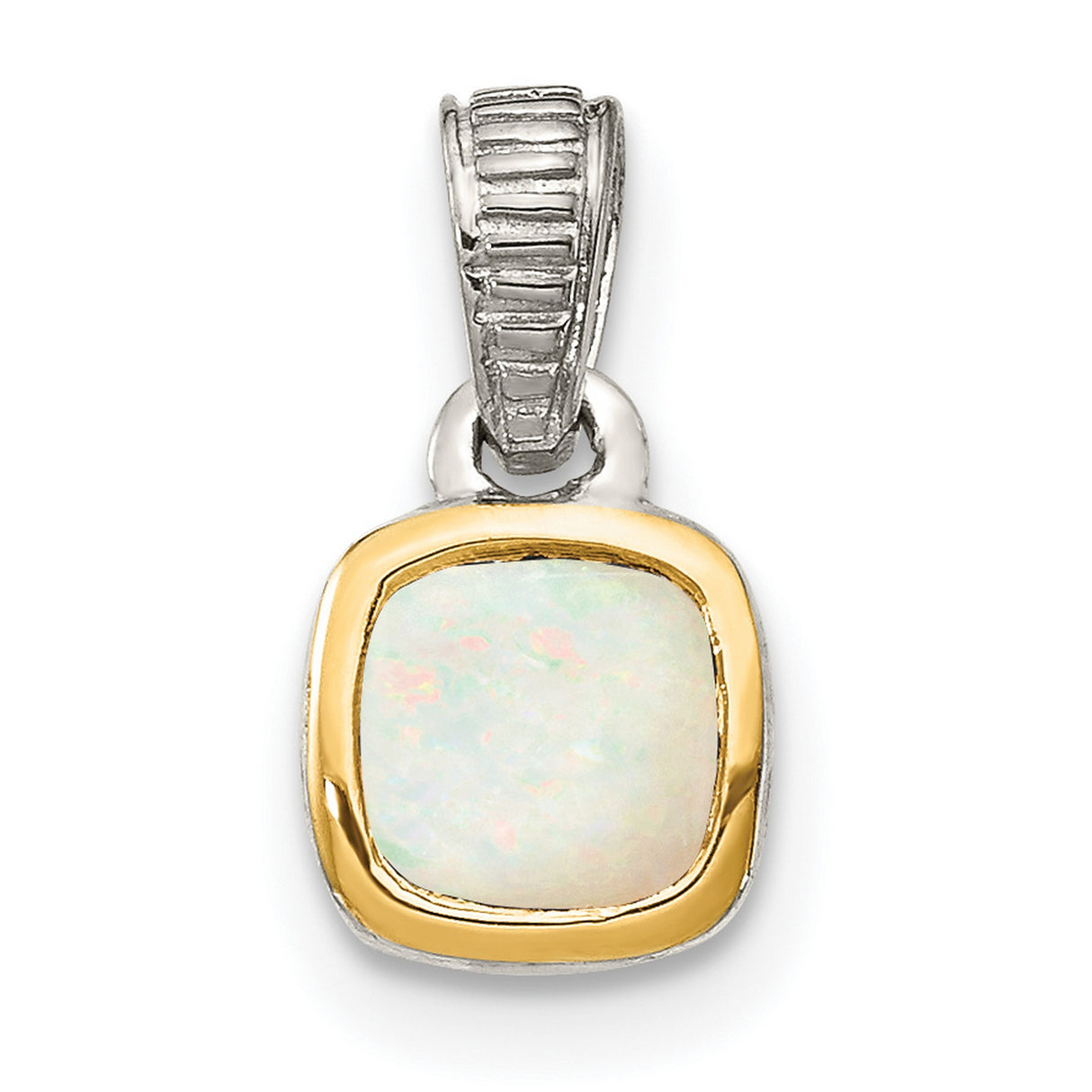 14k Two Tone Gold and Sterling Silver Pendant with Cushion Cut Opal, Minimalist Modern Design