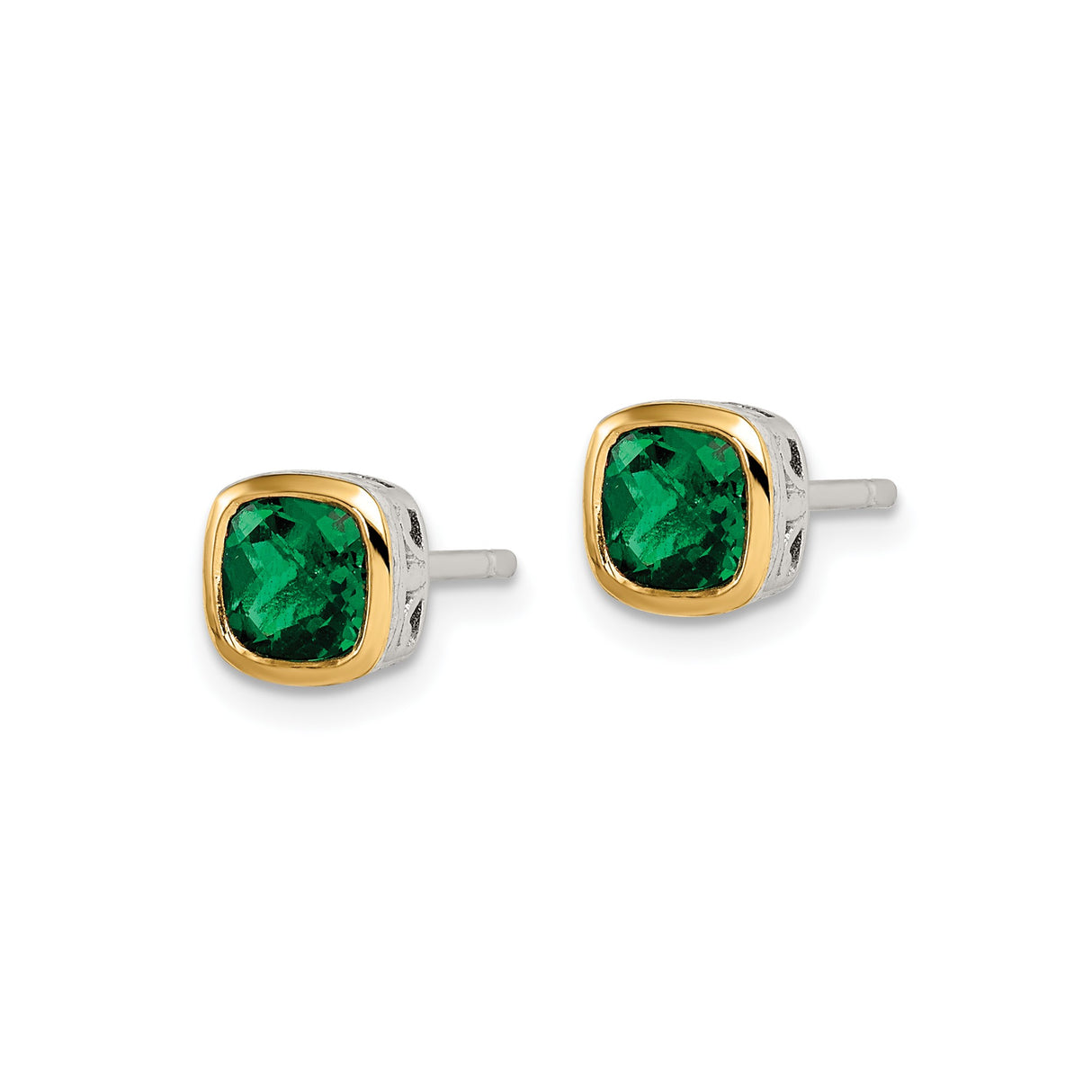 14k Two-Tone Yellow Gold Stud Earrings with Created Emerald, Square Bezel Set Design