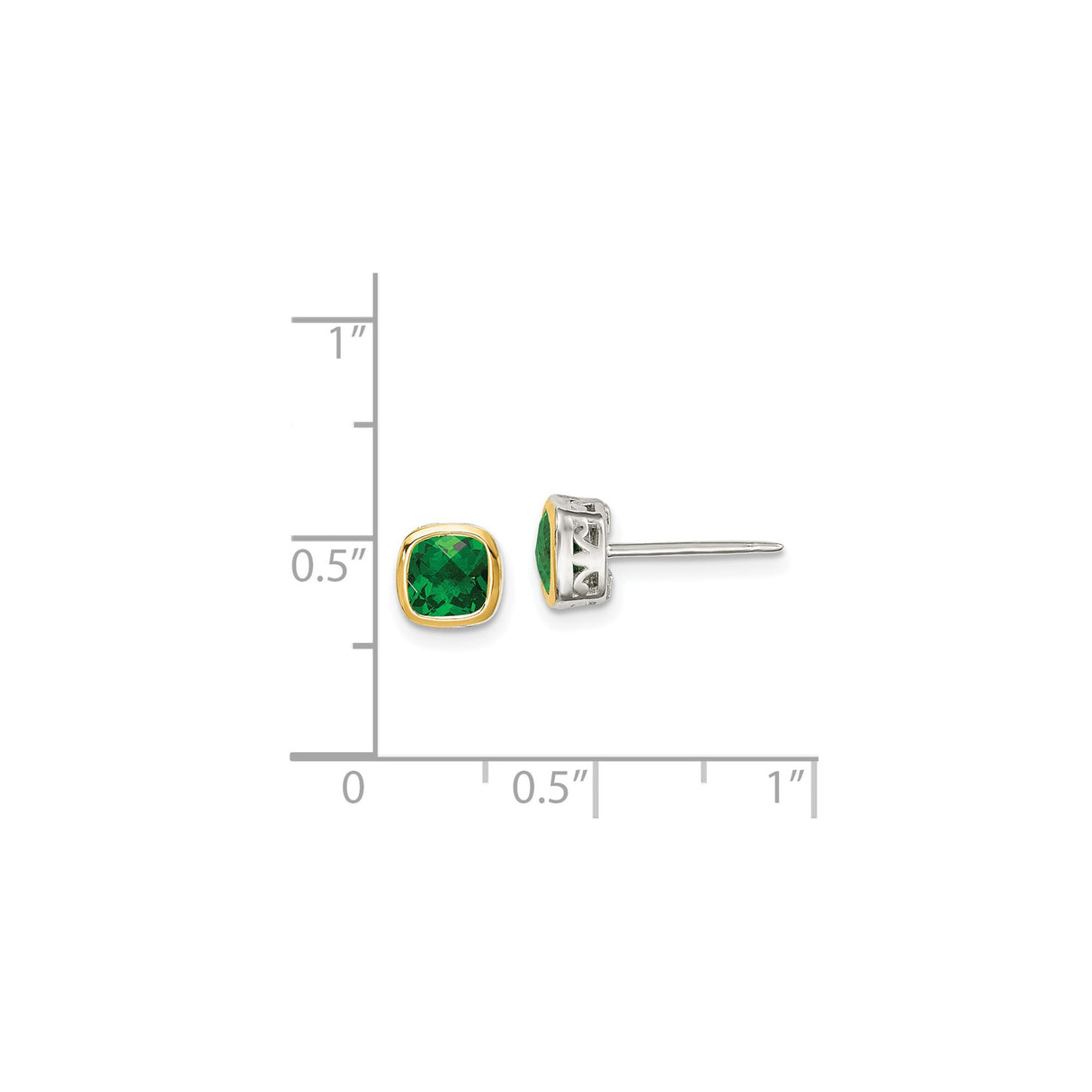14k Two-Tone Yellow Gold Stud Earrings with Created Emerald, Square Bezel Set Design