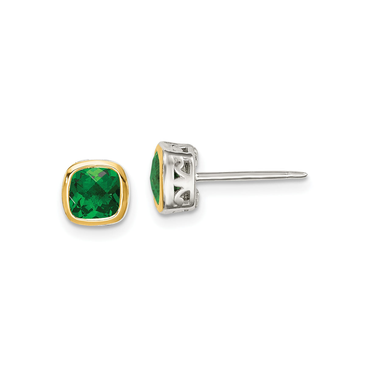 14k Yellow Gold and Sterling Silver Stud Earrings with Created Emerald, Square Bezel Set Design