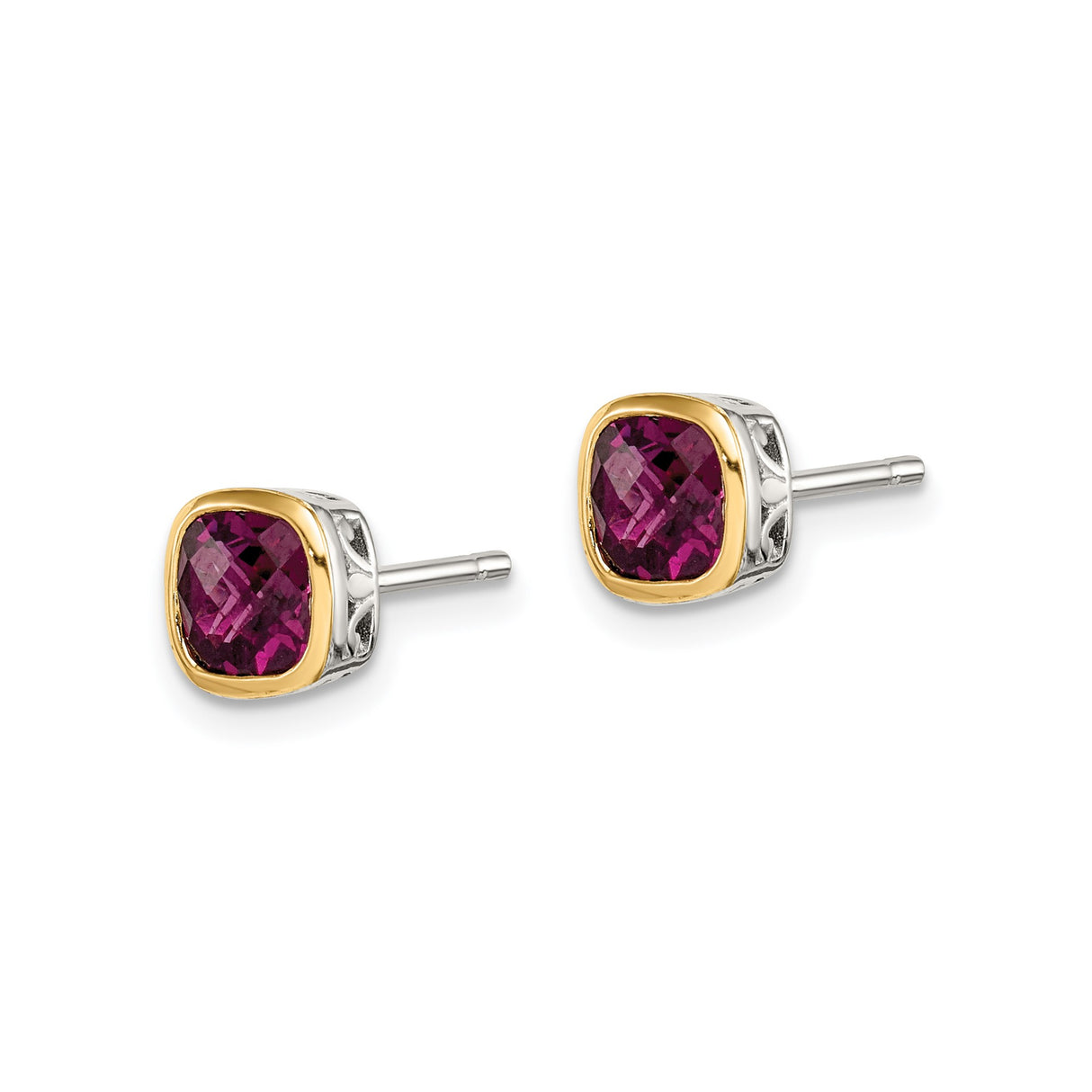 14k Yellow Gold Stud Earrings with Rhodolite Garnet, Two-Tone Bezel Setting and Cutout Silver Sides
