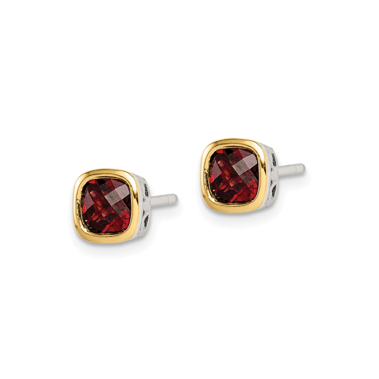 14k Two-Tone Yellow Gold Stud Earrings with Garnet, Rhodium Plated, January Birthstone