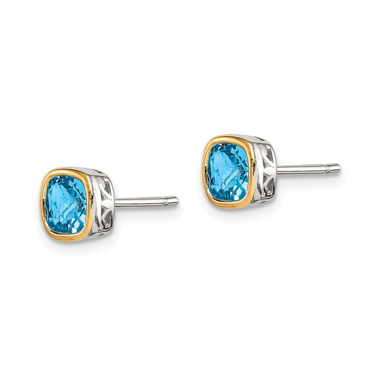 14k Yellow Gold Stud Earrings with Swiss Blue Topaz, Two-Tone Bezel and Filigree Design