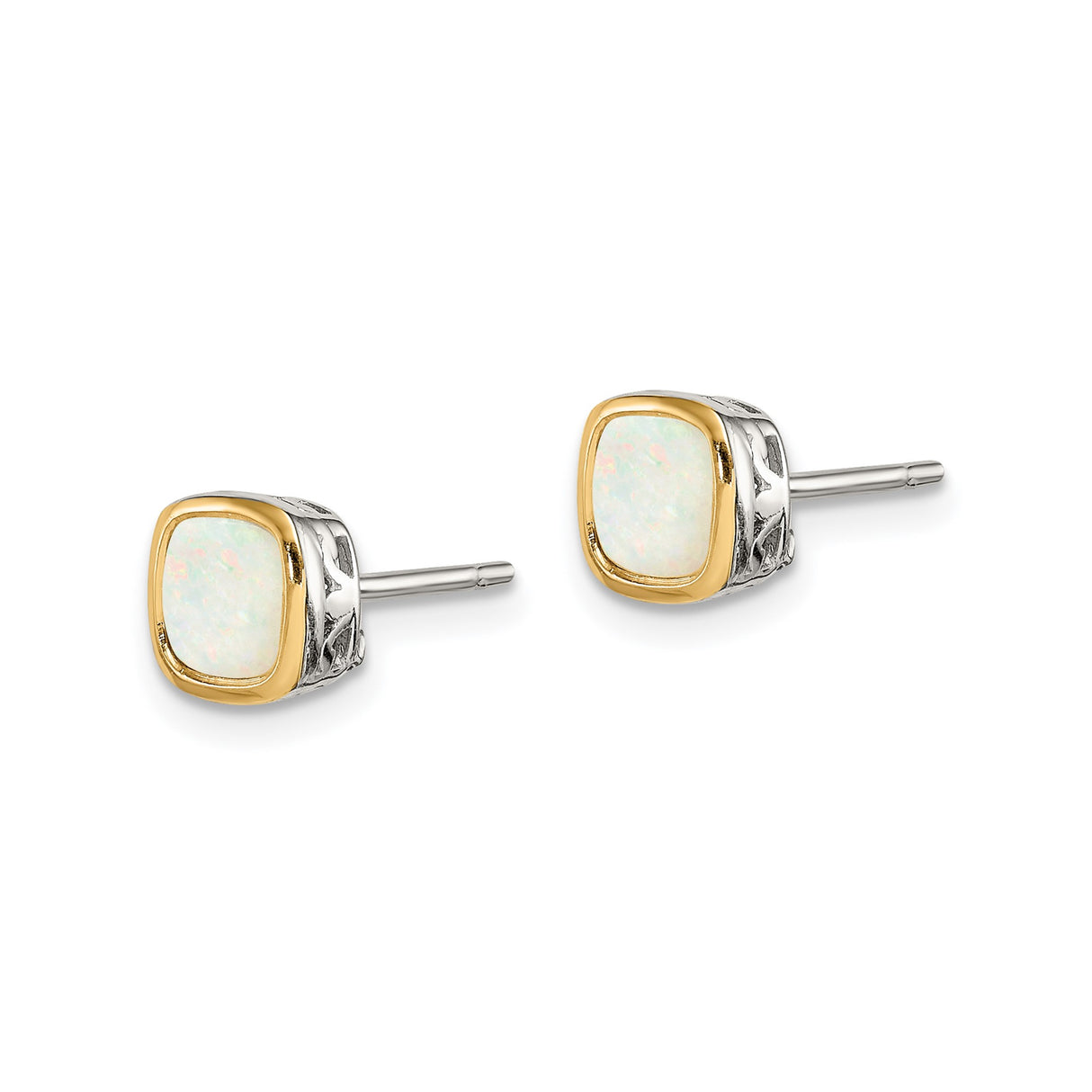 14k Two-Tone Yellow Gold Stud Earrings with Cushion Cut White Opal, Filigree Design