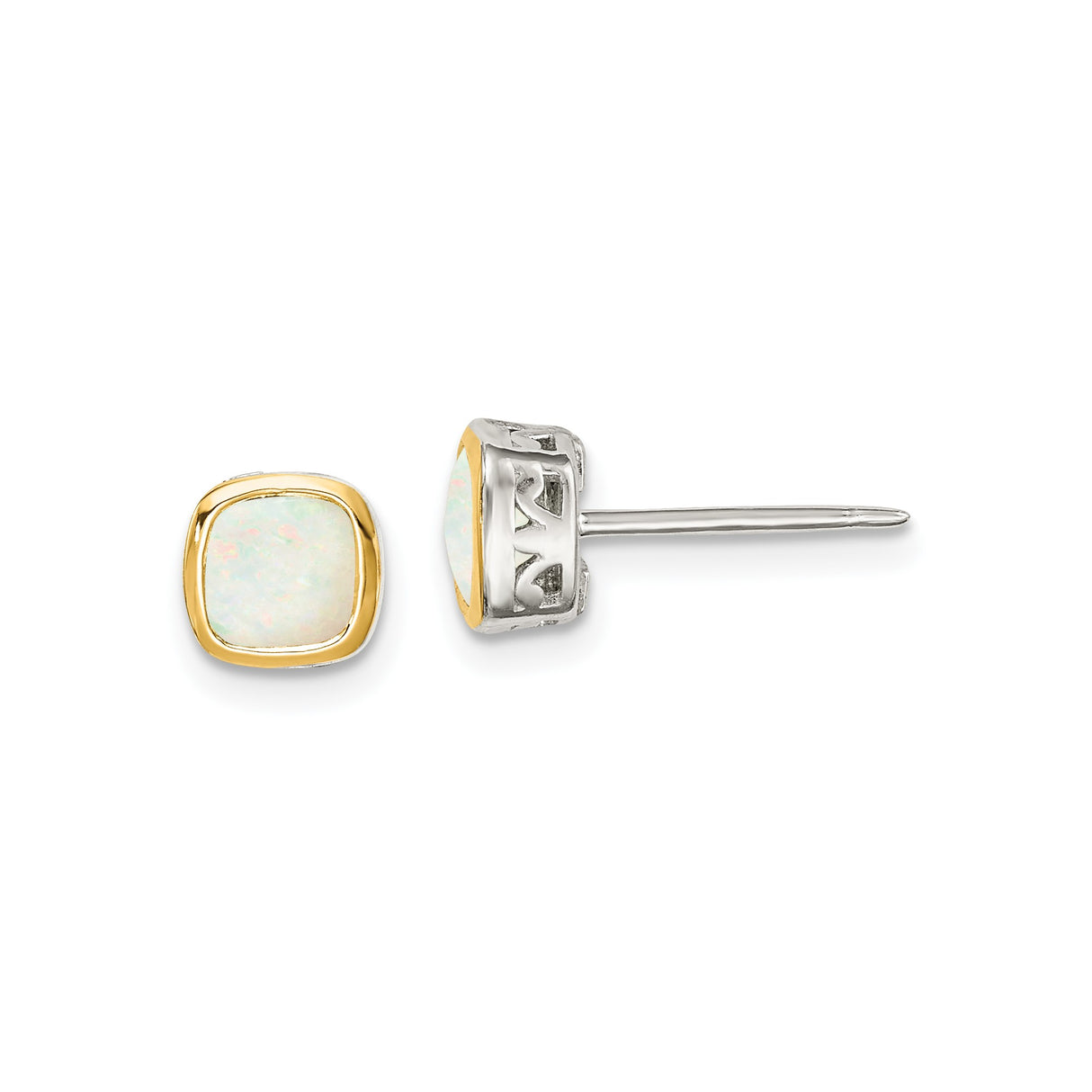 14k Yellow Gold and Sterling Silver Stud Earrings with Cushion Cut White Opal, Filigree Design