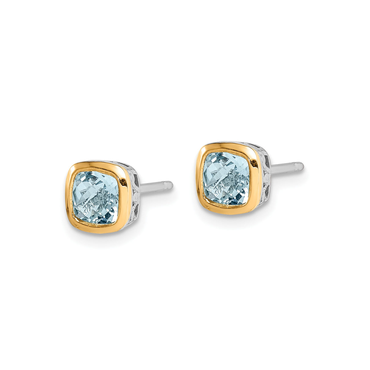 14k Two-Tone Yellow Gold Aquamarine Stud Earrings, Cushion Cut, Open Bezel Setting