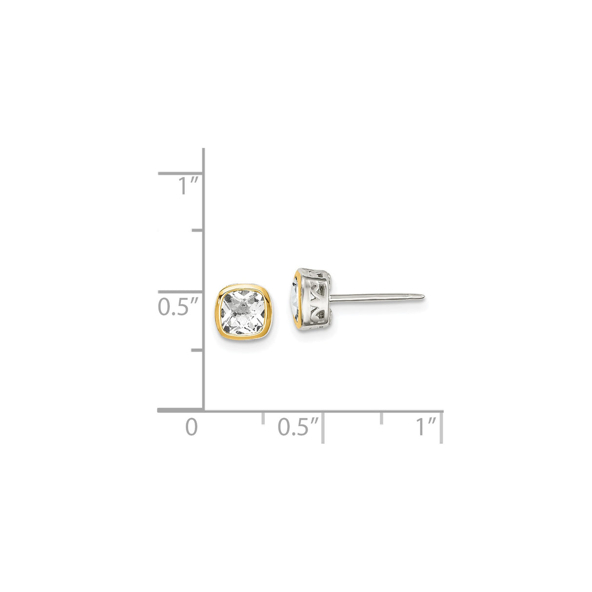 14k Two-Tone Yellow Gold Stud Earrings with White Topaz, Cushion Cut, Filigree Detail