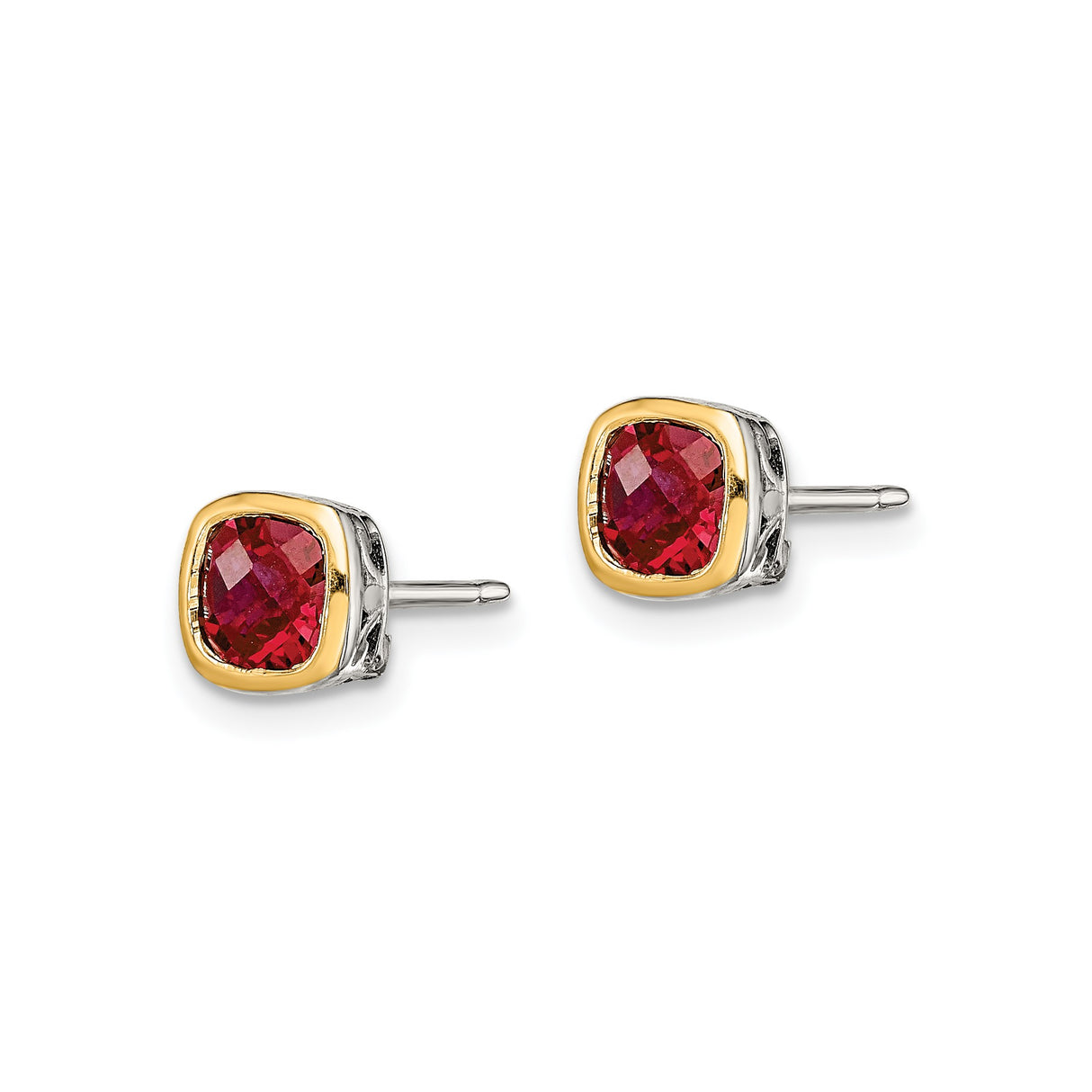 14k Yellow Gold Stud Earrings with Created Ruby, Two-Tone Bezel Setting, Silver Filigree Style