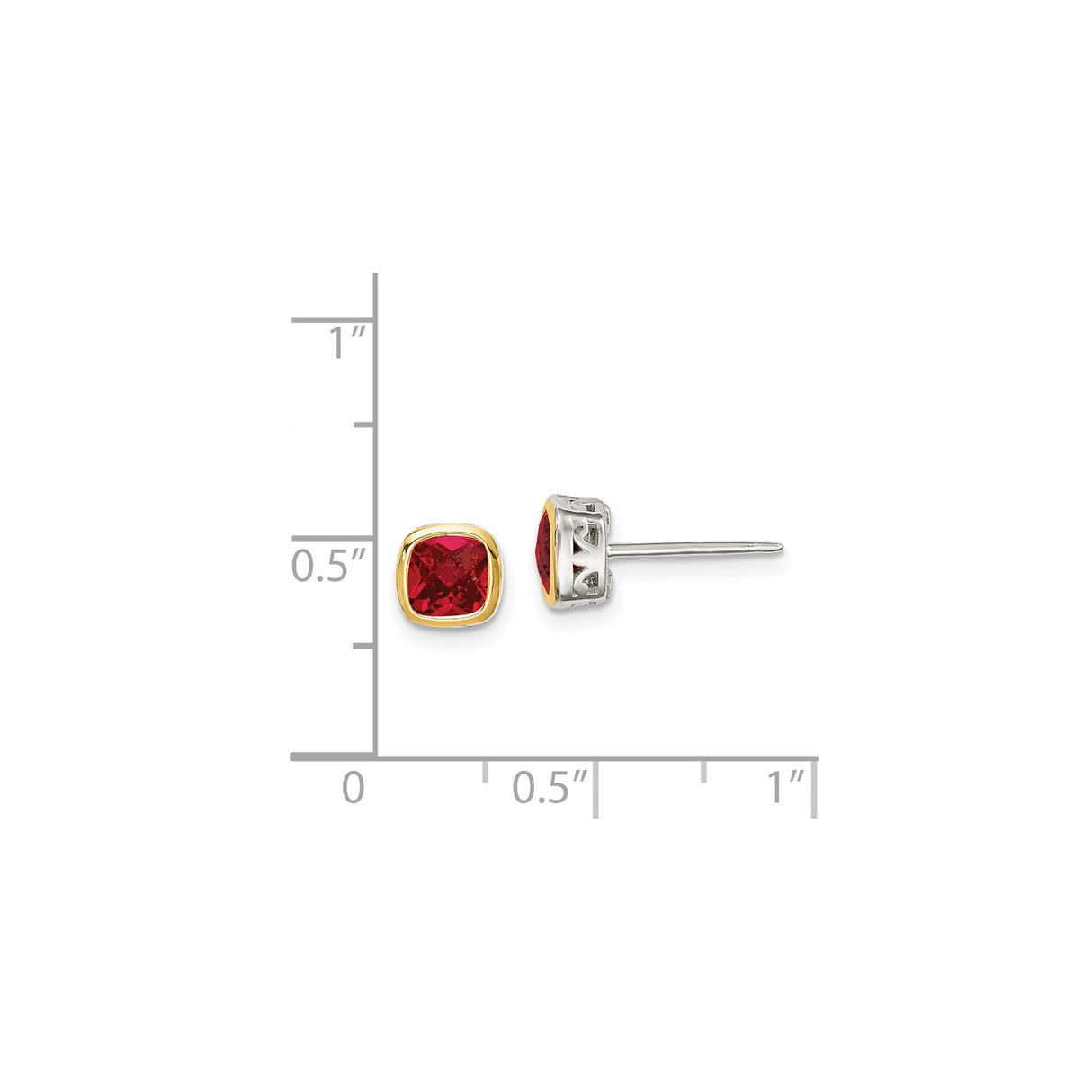 14k Yellow Gold Stud Earrings with Created Ruby, Two-Tone Bezel Setting, Silver Filigree Style
