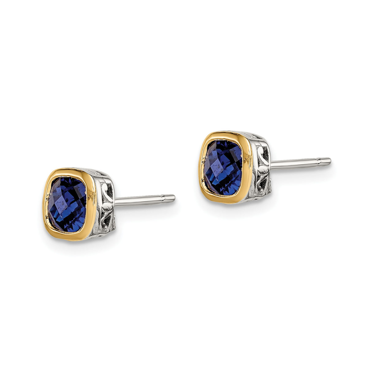 14k Two-Tone Yellow Gold Stud Earrings with Created Sapphire, Cushion-Cut, Openwork Design