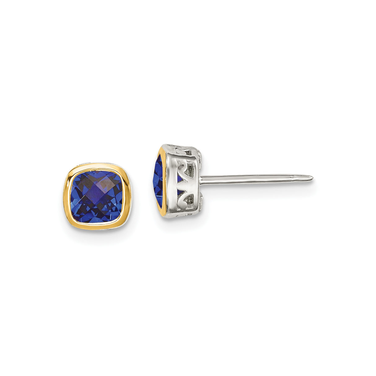 14k Yellow Gold and Sterling Silver Stud Earrings with Created Sapphire, Cushion-Cut, Openwork Design