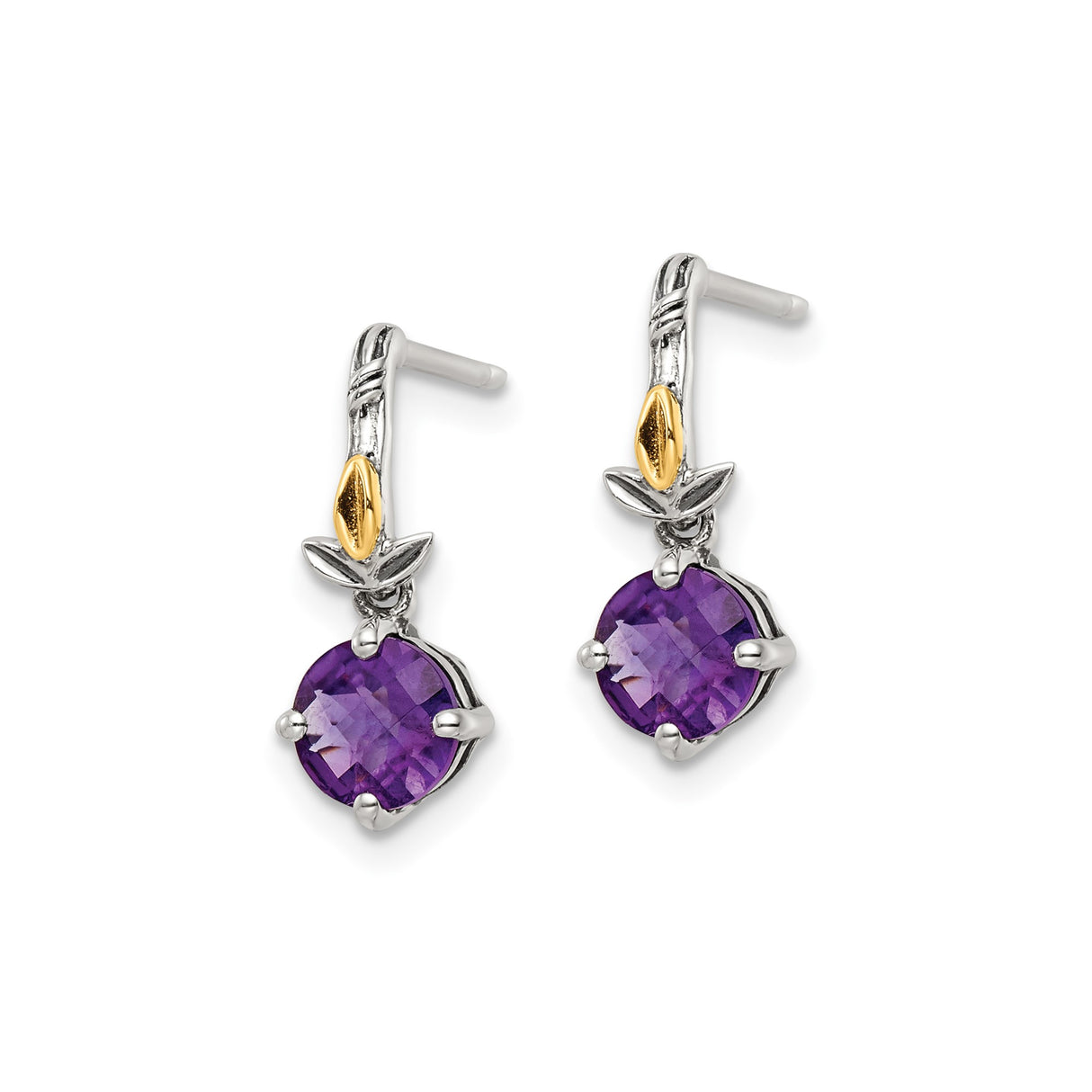 14k Two-Tone Gold Dangle Earrings with Amethyst, Leaf Motif Floral Design for Women