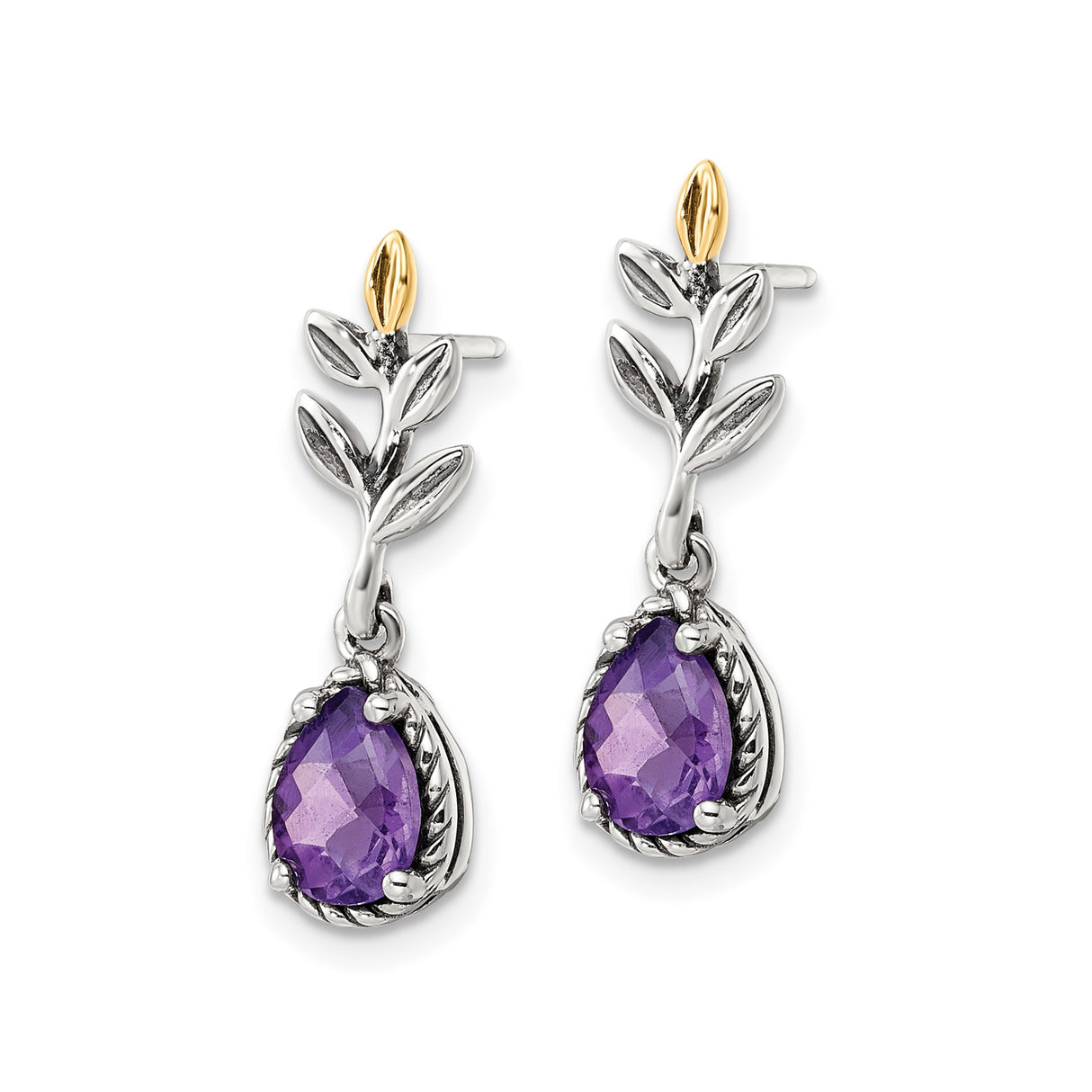 14k Two-Tone Yellow Gold Dangle Earrings with Amethyst, Leaf and Vine Motif