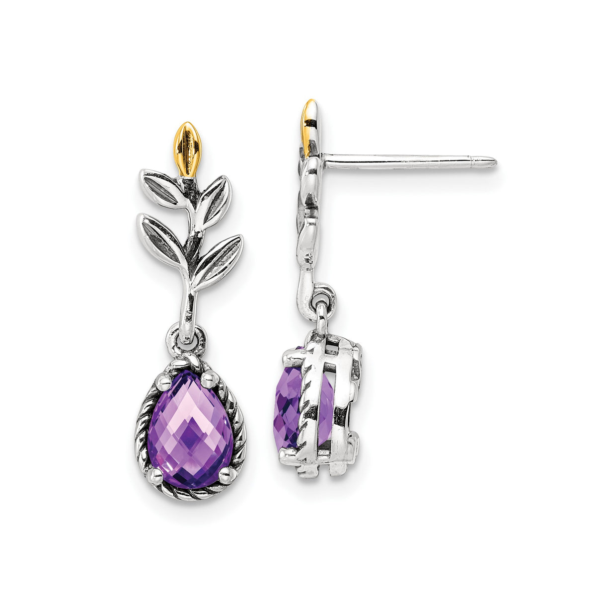 14k Yellow Gold and Sterling Silver Dangle Earrings with Amethyst, Leaf and Vine Motif